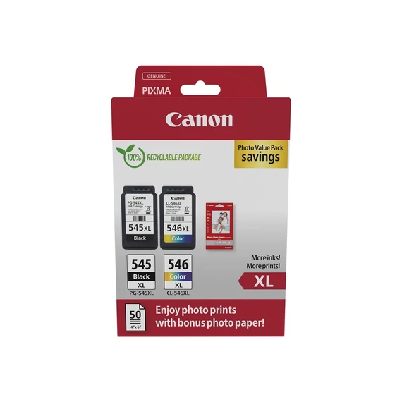 Canon PG-545XL + CL-546XL  - Tintapatron Multipack - 1x15 ml +1x13 ml + 50 lap GP501 10x15 fényes fotópapír