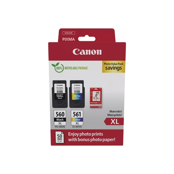 Canon PG-560XL + CL-561XL - Tintapatron Multipack - 1x14,3 ml + 1x12,2 ml + 50 lap GP501 10x15 fényes fotópapír